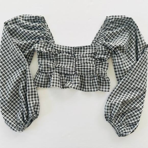 More to Come X Revolve Gingham Crop Top Balloon Sleeve Medium Black White Boho - Picture 1 of 6